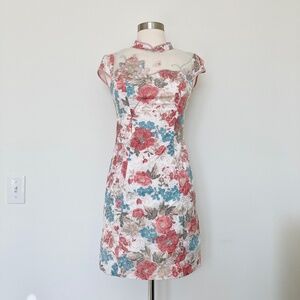 Vintage Floral Embroidered Mini Bodycon Dress Sleeveless Pink White Satin Sheen